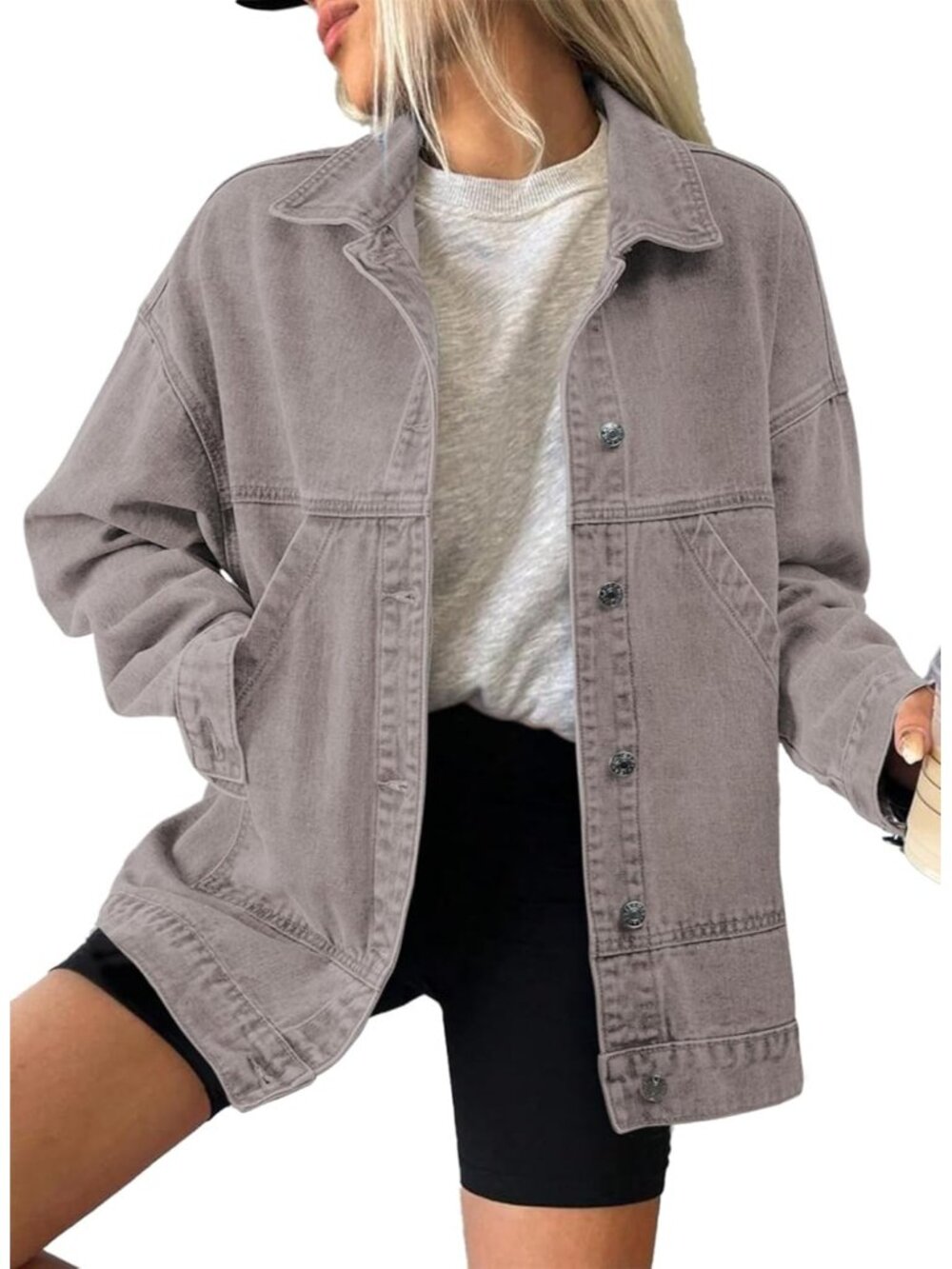 Women's Grey Long Sleeve Fall Winter Casual Pockets Jean Jacket Coat